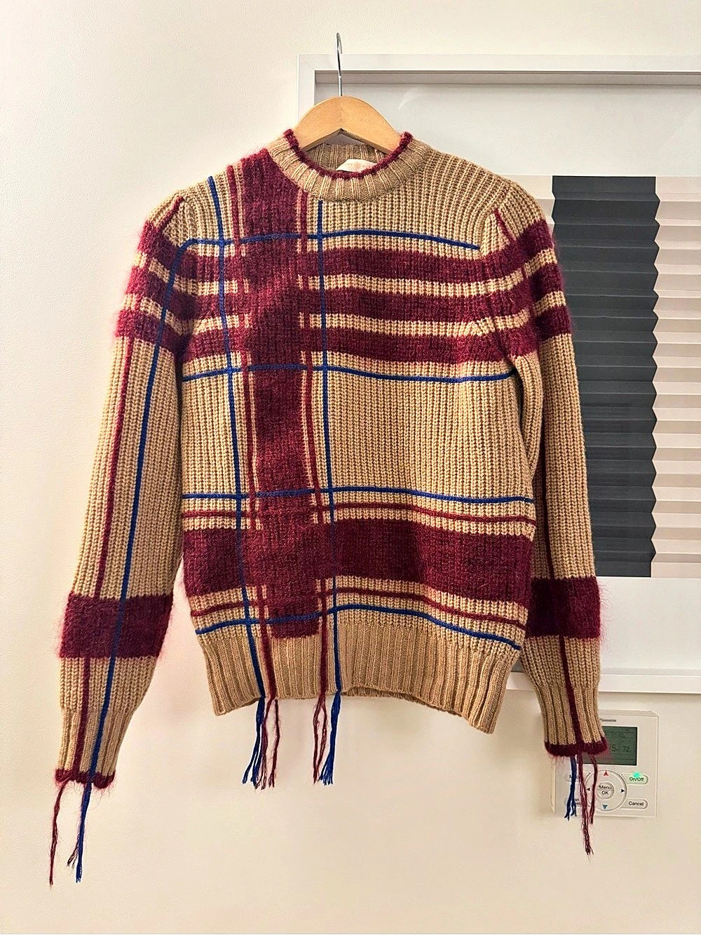 Tory Burch Eden Fuzzy Yarn-Trim Plaid Sweater Brown & Burgundy